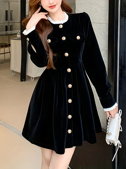 Antmvs Solid Button Front Waist Velvet Dress, Elegant Long Sleeve Frill Trim Dress, Women's Clothing