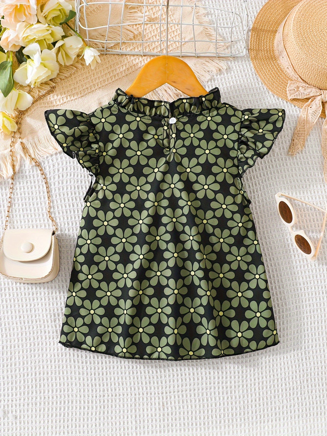 Olive Green Floral Girls Elegant Sleeveless Top - Delicate Ruffled Collar, Flutter Cap Sleeves, Beautiful Pleated Trim - Perfect for Summer Fashion and Outdoor Activities