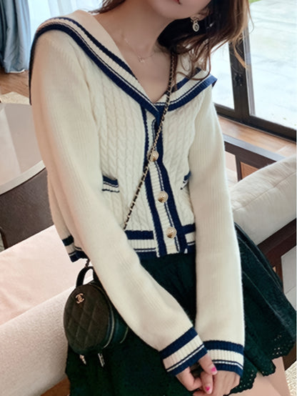 Antmvs Striped Button Down Cable Knit Cardigan, Elegant Collared Long Sleeve Preppy Style Sweater, Women's Clothing