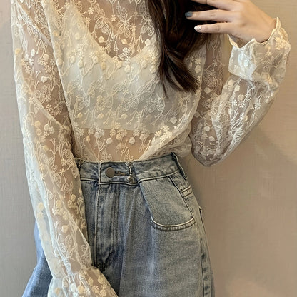 Antmvs Guipure Lace Overlay Flare Sleeve Blouse, Casual Mock Neck Long Sleeve Blouse, Women's Clothing