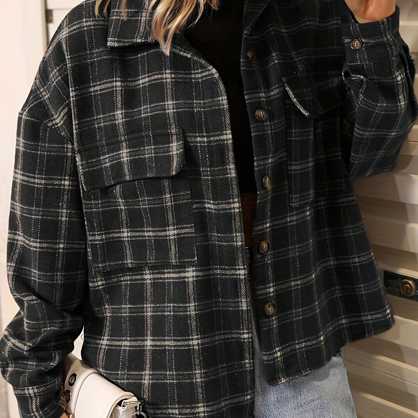 Antmvs Plus Size Casual Jacket, Women's Plus Plaid Print Long Sleeve Button Up Lapel Collar Jacket With Pockets