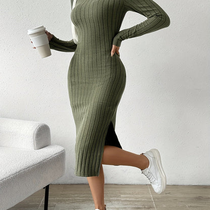 Antmvs Ribbed Solid Split Dress, Casual Crew Neck Long Sleeve Dress, Women's Clothing