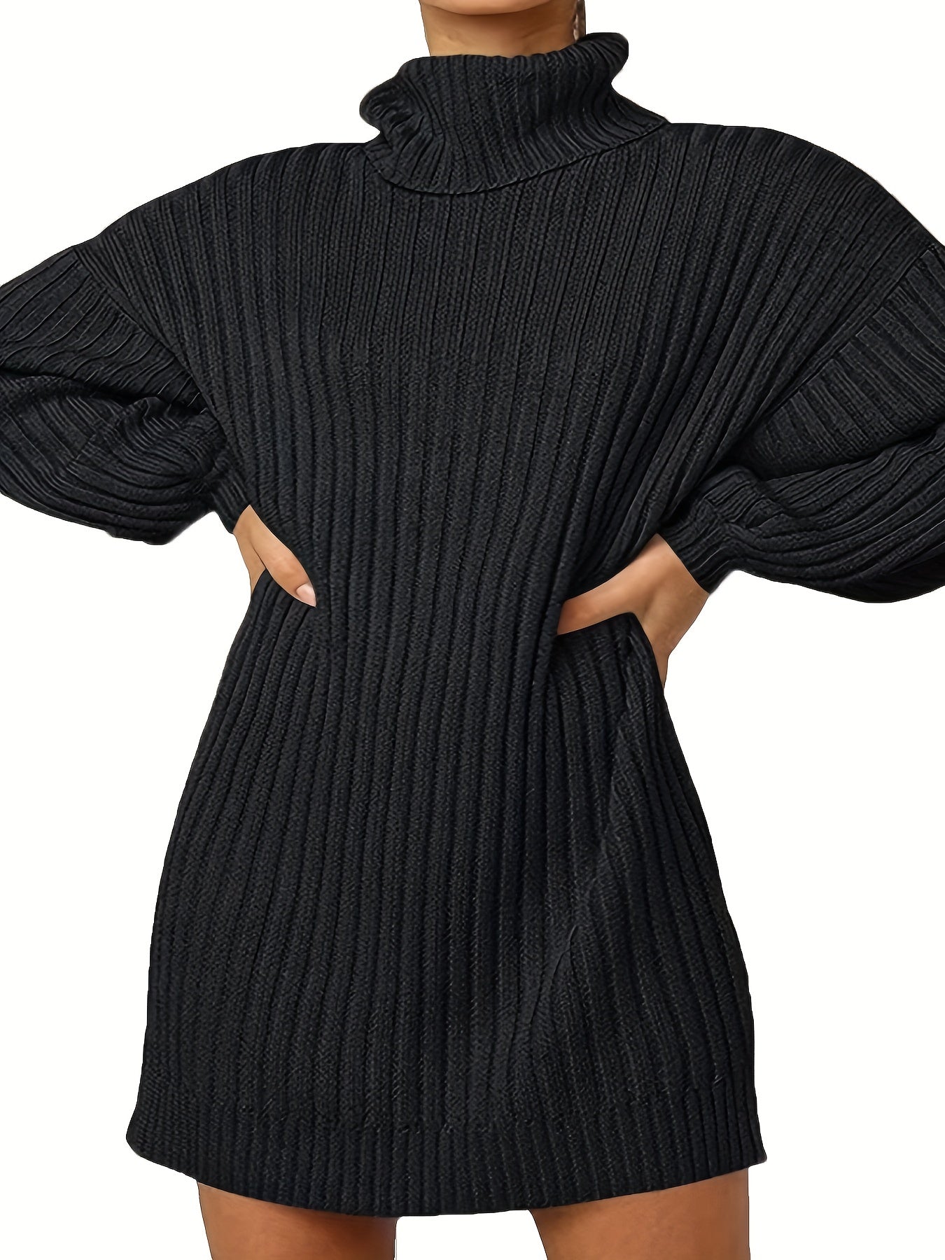 Antmvs Plus Size Casual Sweater Dress, Women's Plus Solid Long Sleeve Turtle Neck Mini Sweater Dress