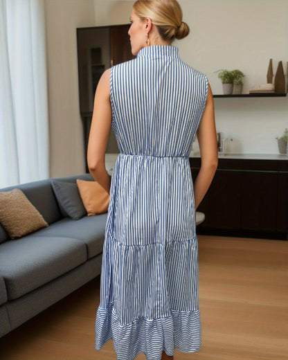 Antmvs Striped Print Button Front Dress, Elegant Sleeveless Slim Waist Notch Neck Dress, Women's Clothing