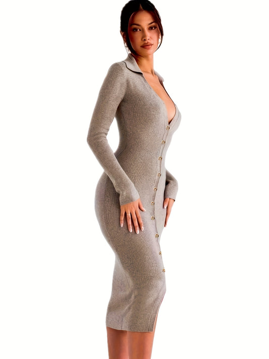 Antmvs Button Front Midi Dress, Casual Long Sleeve Bodycon Dress, Women's Clothing