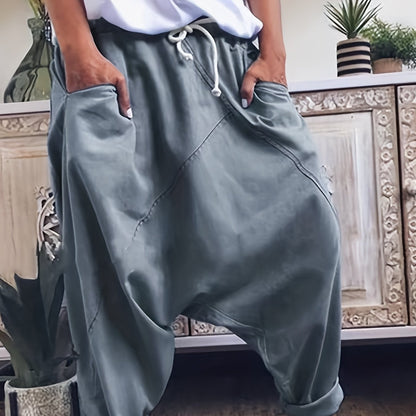 Antmvs Drawstring Solid Harem Pants, Casual Elastic Waist Long Length Pants, Women's Clothing