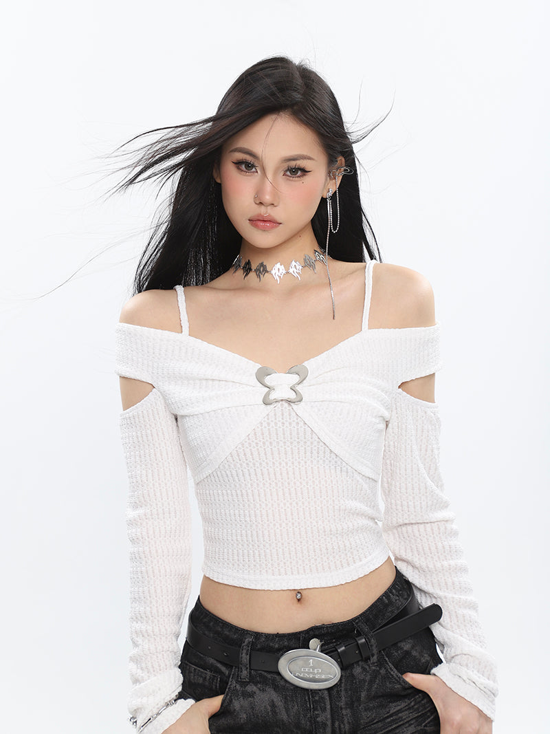 Antmvs Fernanda Silver Metalic Butterfly Solid Color Buckle Off-the-Shoulder Slip Slim Long Sleeve Cropped Top