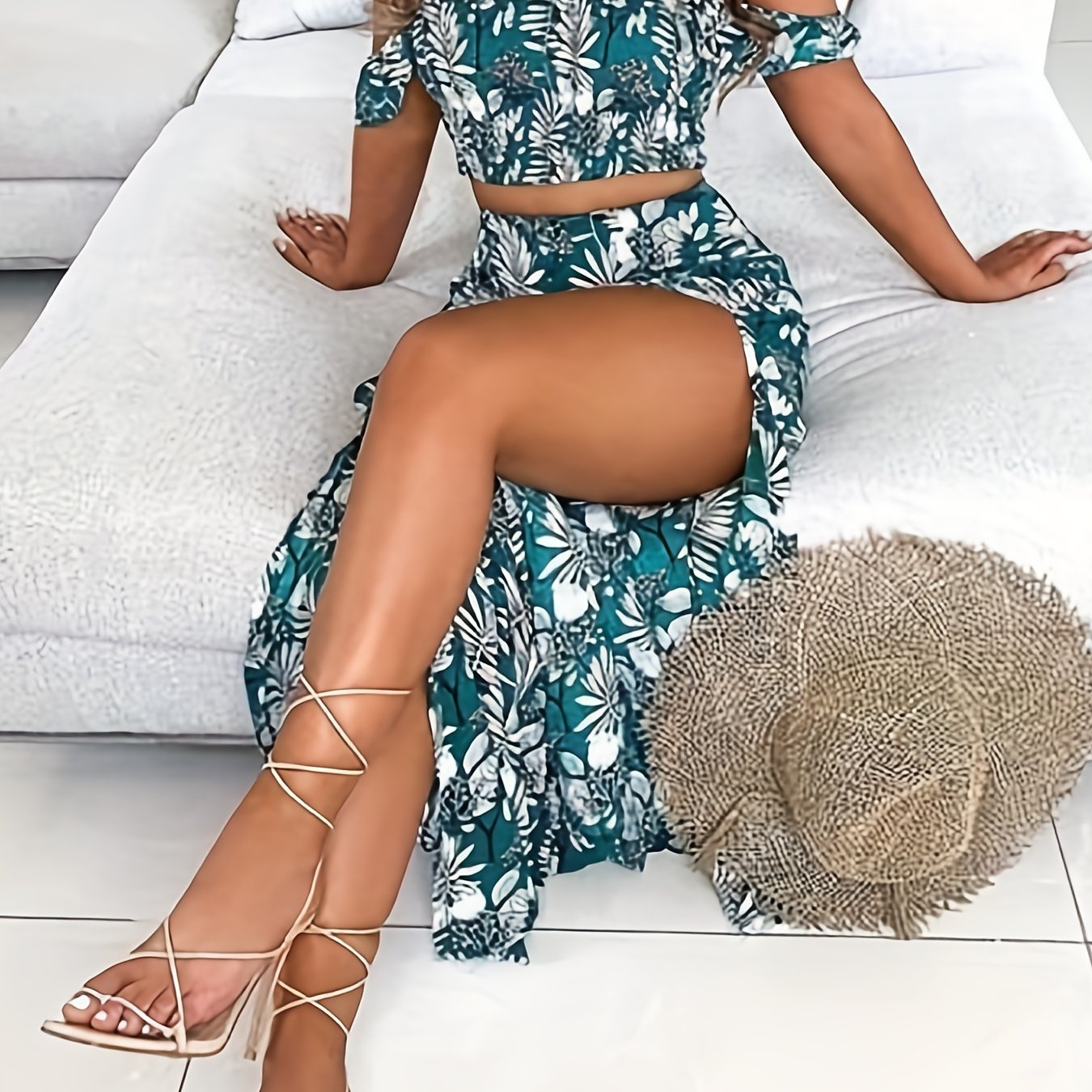 Antmvs Vacation Plant Print Two-piece Set, Off Shoulder Short Sleeve Tops & High Waist Split Thigh Skirts Outfits, Women's Clothing