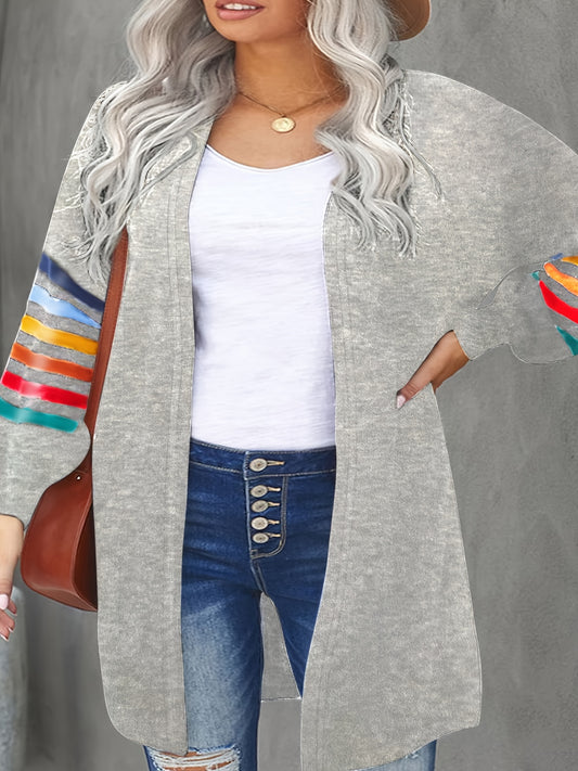 Antmvs Plus Size Casual Coat, Women's Plus Colorful Stripe Print Lantern Sleeve Open Front Sweater Cardigan