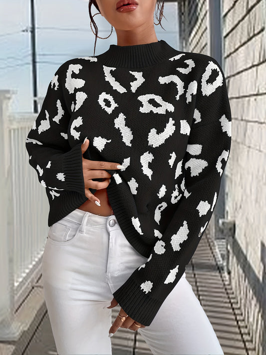 Antmvs Graphic Pattern Mock Neck Pullover Sweater, Casual Long Sleeve Sweater, Women's Clothing