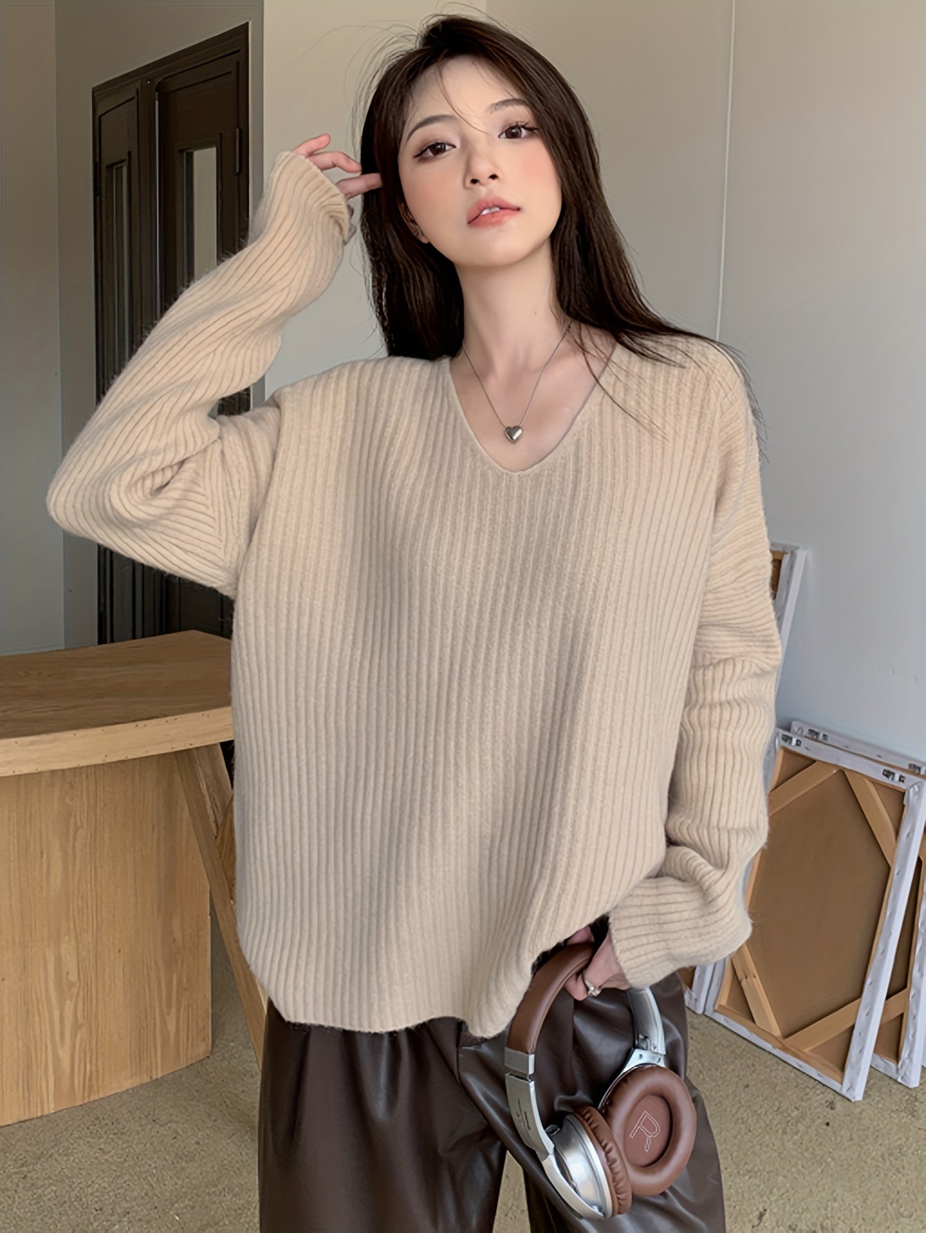 Antmvs Solid V Neck Pullover Sweater, Casual Long Sleeve Loose Slouchy Sweater, Women's Clothing