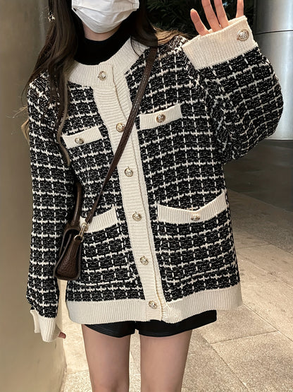 Antmvs Preppy Plaid Pattern Button Up Pocket Cardigan, Casual Long Sleeve Cardigan For Fall & Winter, Women's Clothing