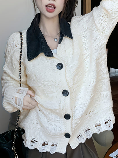 Antmvs Color Block Button Up Knit Cardigan, Casual Turndown Collar Long Sleeve Ripped Sweater, Women's Clothing