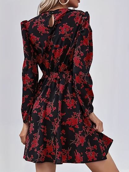 Antmvs Floral Print Keyhole Dress, Elegant Crew Neck Long Sleeve Dress, Women's Clothing