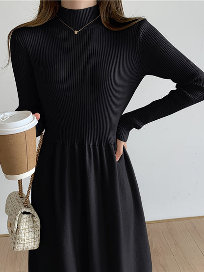 Antmvs Ribbed Solid Color Dress, Elegant Mock Neck Long Sleeve Dress, Women's Clothing