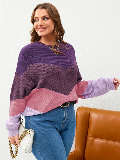 Antmvs Plus Size Casual Sweater, Women's Plus Colorblock Long Sleeve Round Neck Loose Fit Pullover Jumper