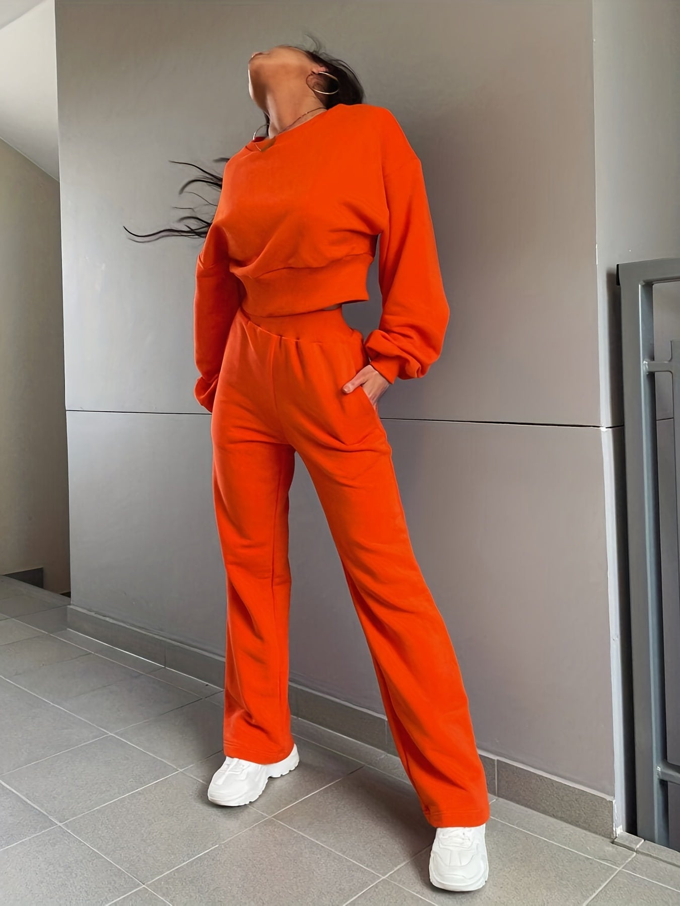 Antmvs Casual Solid Two-piece Set, Crew Neck Long Sleeve Sweatshirt & Straight Leg Pants Outfits, Women's Clothing