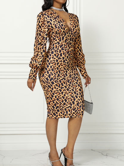 Antmvs Leopard Print Bishop Sleeve Dress, Elegant Plunge Neck Slim Dress For Spring & Fall, Women's Clothing