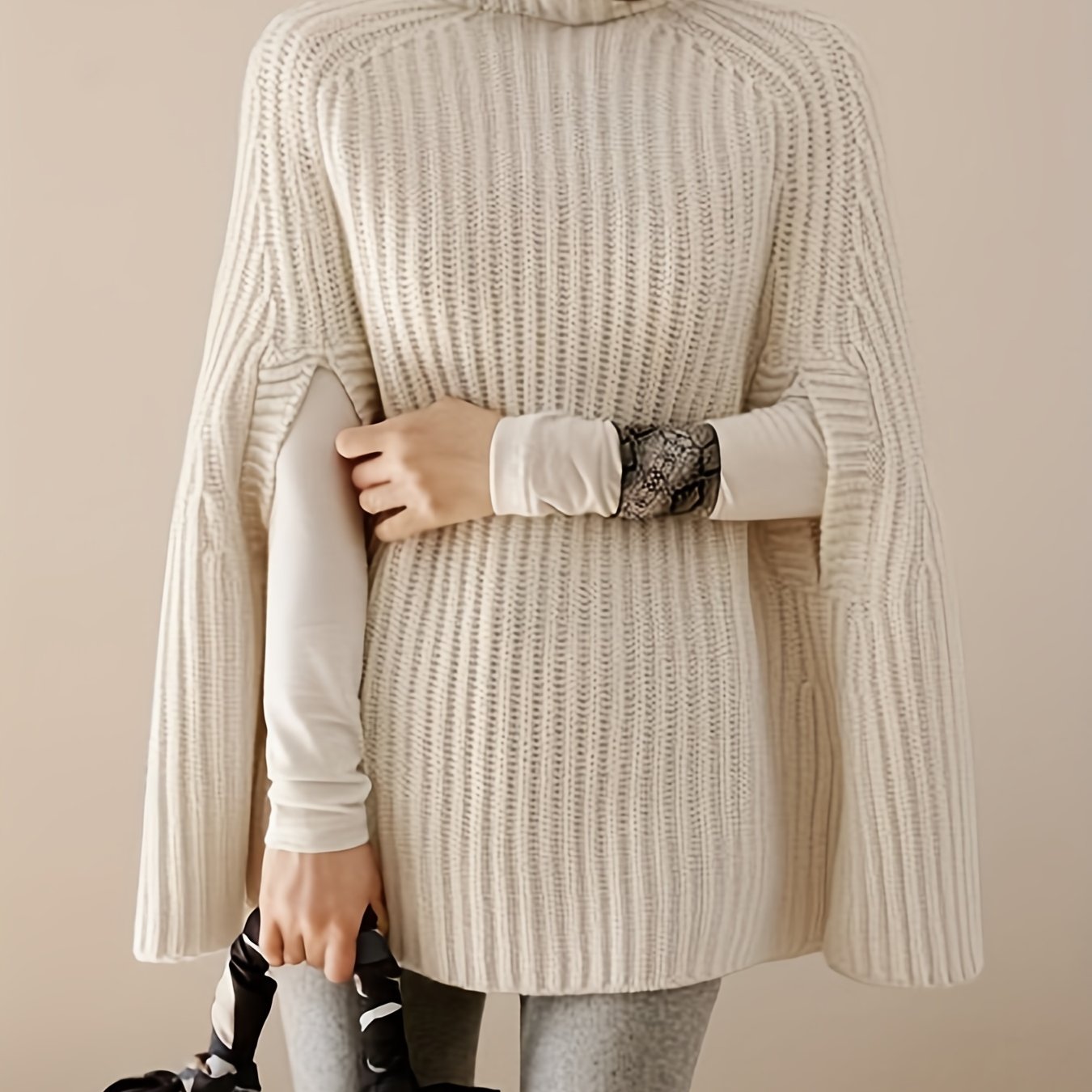 Antmvs Cape Sleeve Turtle Neck Sweater, Elegant Ribbed Knit Sweater For Fall & Winter, Women's Clothing