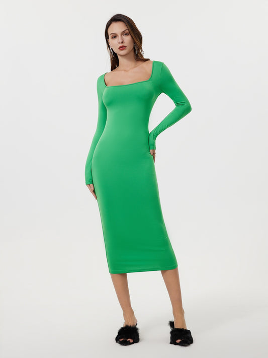 Antmvs Squared Neck Bodycon Dress, Casual Solid Long Sleeve Midi Dress, Women's Clothing