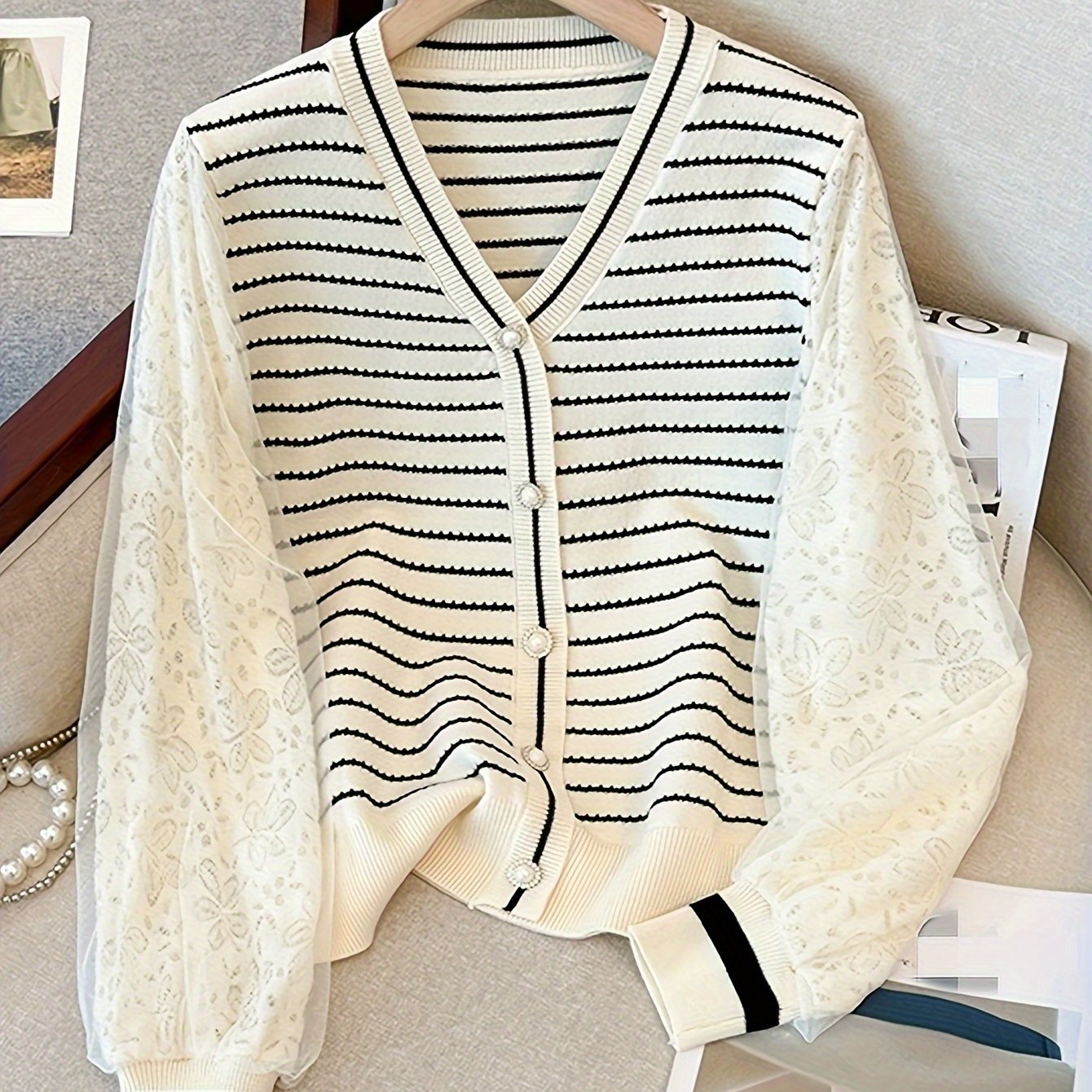 Antmvs Contrast Lace Striped Knit Cardigan, Elegant Button Down Long Sleeve Sweater For Spring & Fall, Women's Clothing