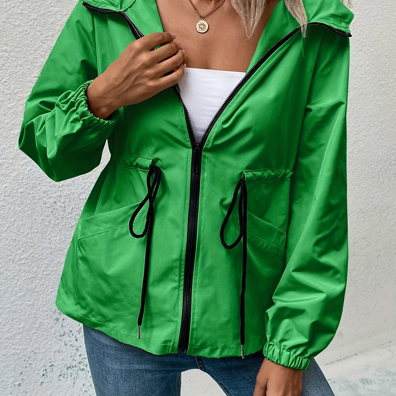 Antmvs Solid Drawstring Windproof Jacket, Casual Long Sleeve Hooded Zip Up Outerwear With Pockets, Women's Clothing
