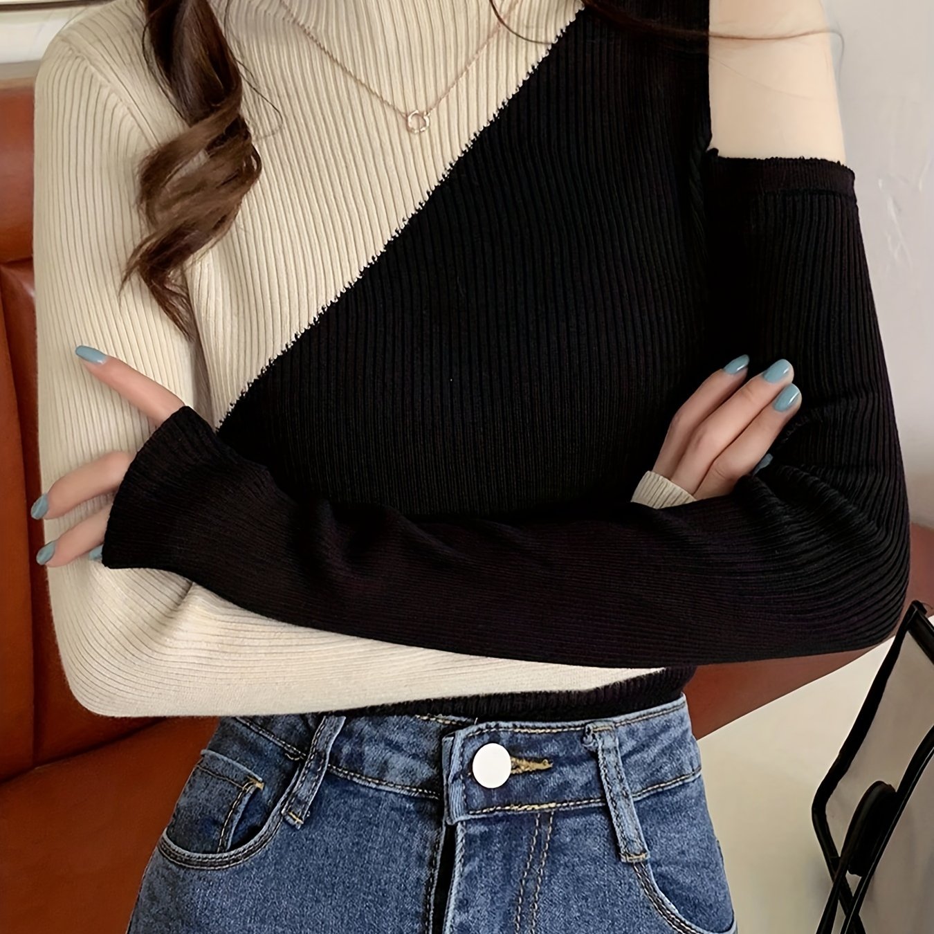 Antmvs Color Block Pullover Sweater, Casual Cold Shoulder Mock Neck Long Sleeve Top, Women's Clothing