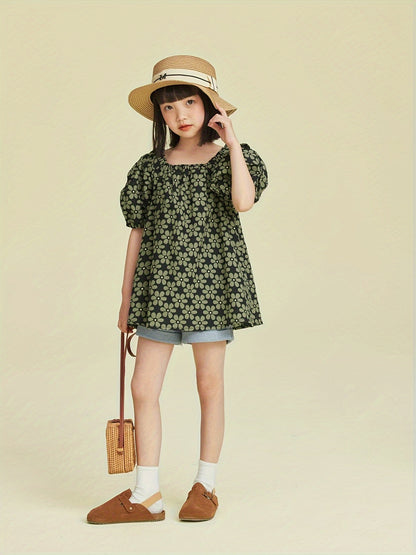 100% Cotton Elegant Girls Flower Print Square Neck Puff Short Sleeve Shirt Pullover Summer Party Gift School Uniforms