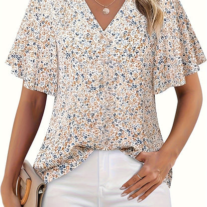 Plus Size Elegant Floral Print V Neck Blouse - Soft Non-Stretch Polyester Fabric, Casual Short Sleeve, Perfect for Spring & Summer - Womens Plus Size Clothing for All Seasons