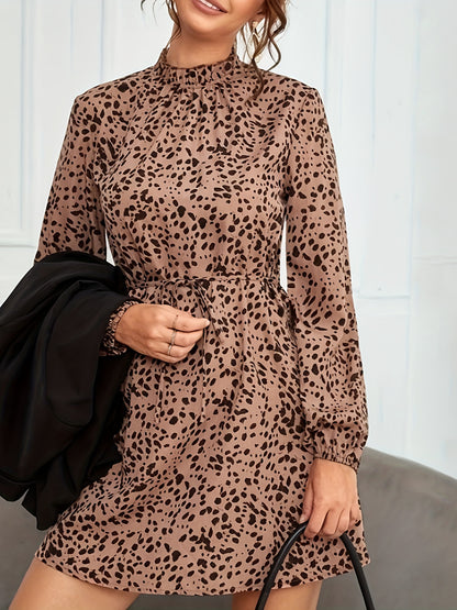 Antmvs Leopard Print Mock Neck Dress, Elegant Lantern Sleeve Tie Waist Dress, Women's Clothing