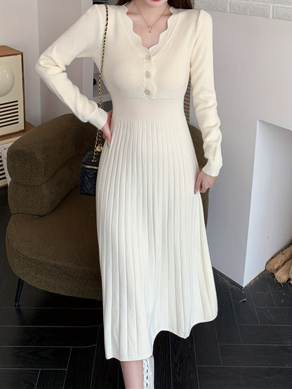 Antmvs Ribbed Button Front Dress, Elegant Solid Long Sleeve Midi Dress, Women's Clothing