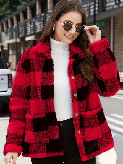 Antmvs Plaid Print Patched Pockets Teddy Coat, Versatile Long Sleeve Single Breasted Winter Outwear, Women's Clothing