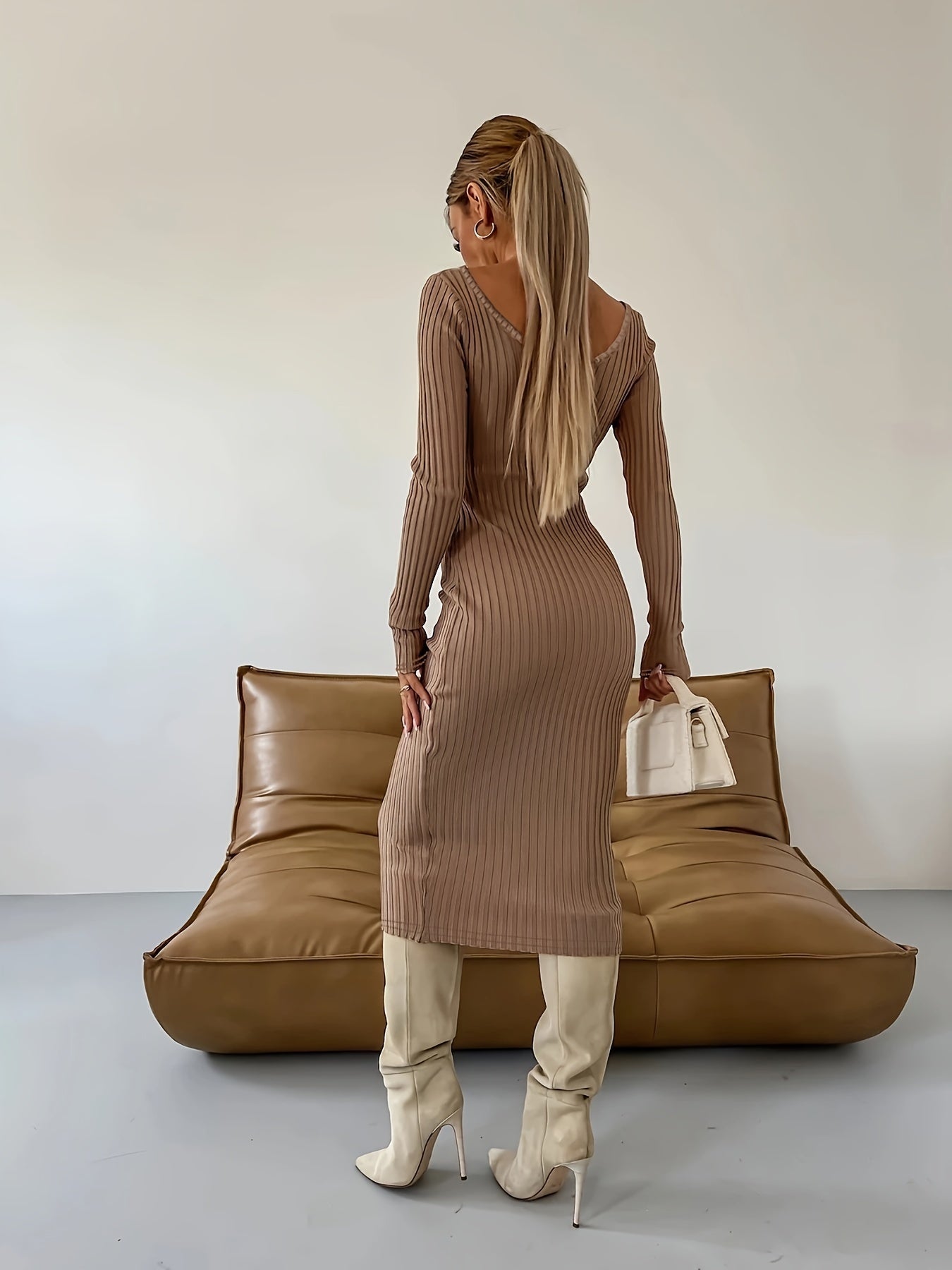 Antmvs Ribbed Solid Bodycon Dress, Elegant V Neck Long Sleeve Dress, Women's Clothing