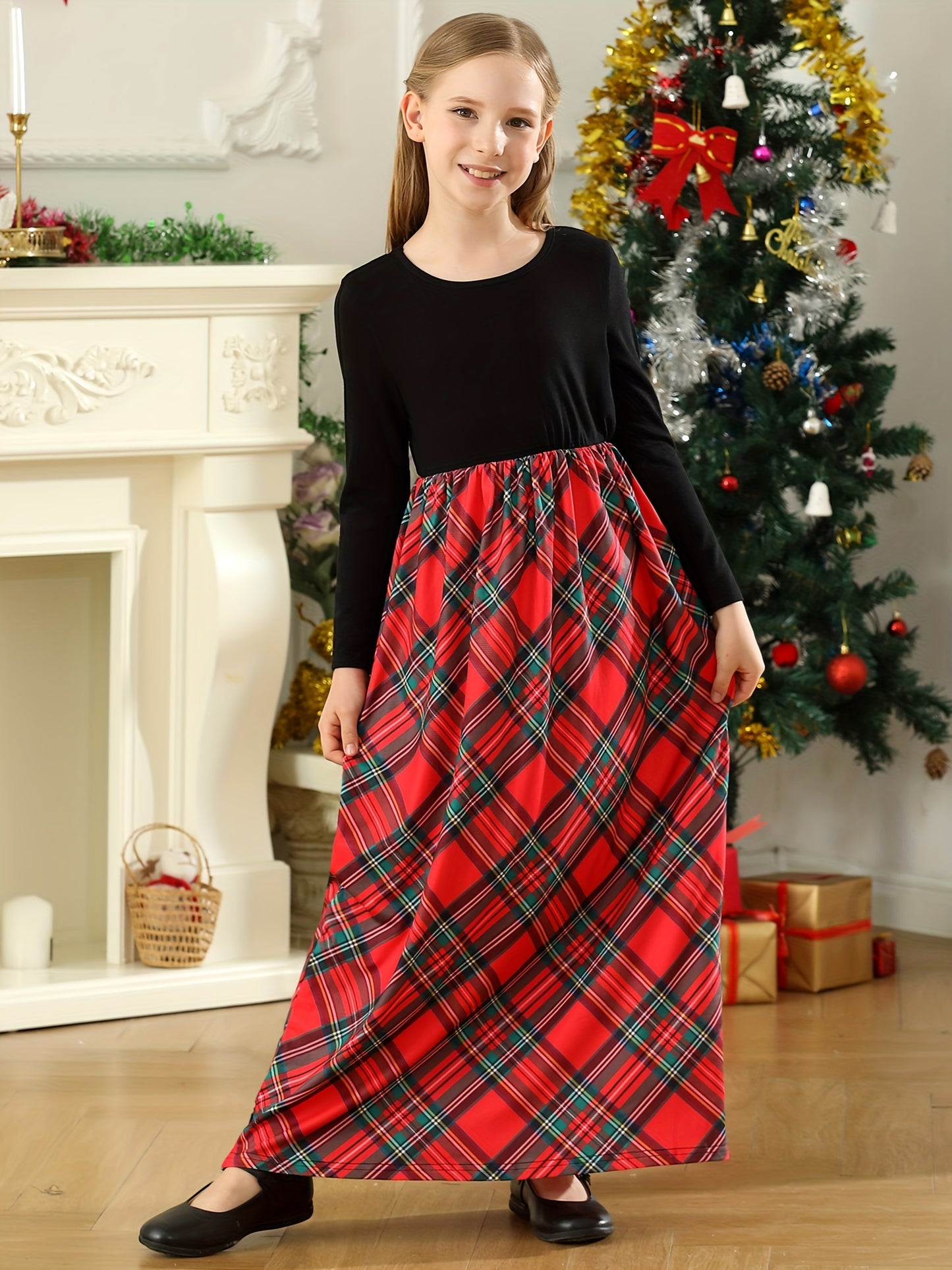 Girl Maxi Dress Kids Casual Christmas Buffalo Check Plaid Long Sleeve Dresses With Pockets (6-14yrs)