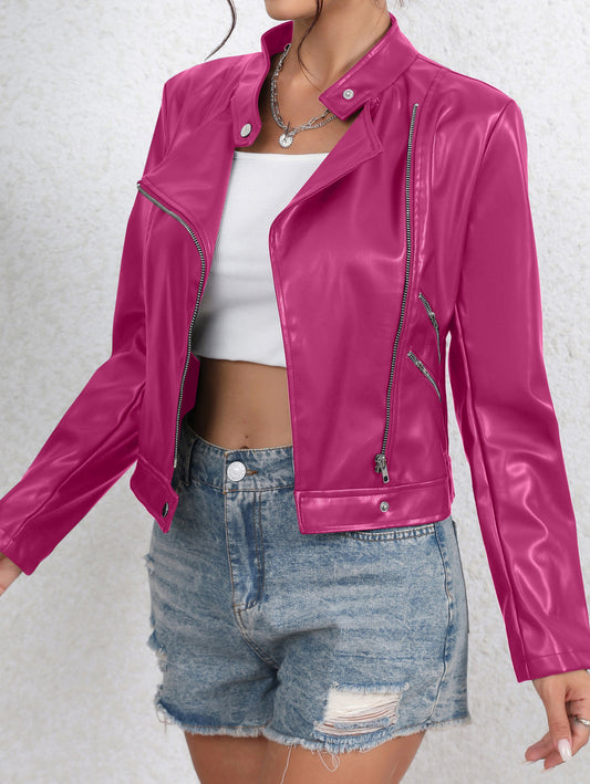 Antmvs Faux Leather Zip Up Jacket, Biker Long Sleeve Jacket For Fall & Winter, Women's Clothing