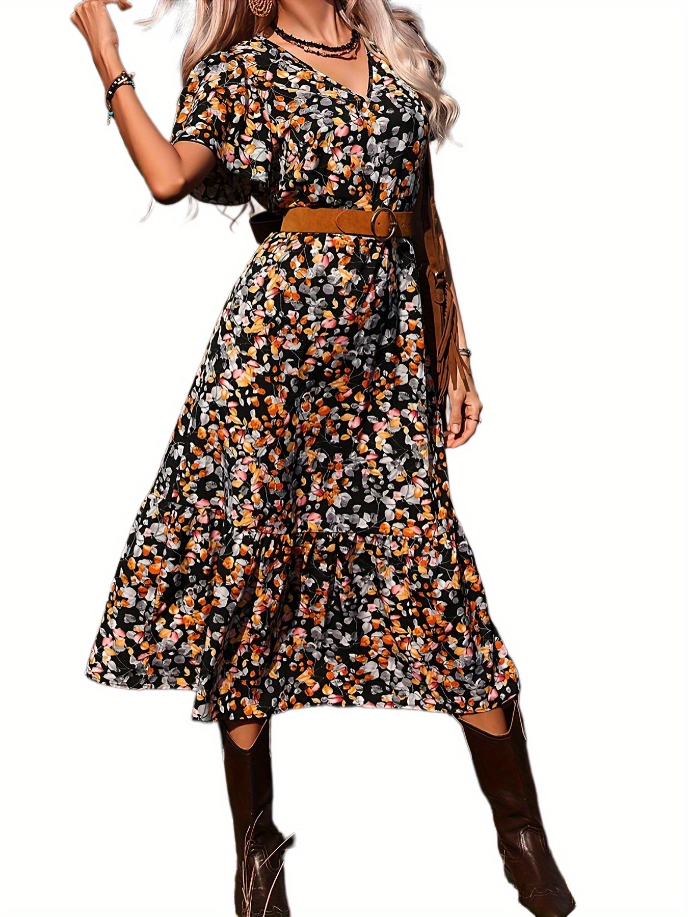 Antmvs Floral Print V Neck Dress, Casual Short Sleeve Ruffle Trim Summer Dress, Women's Clothing