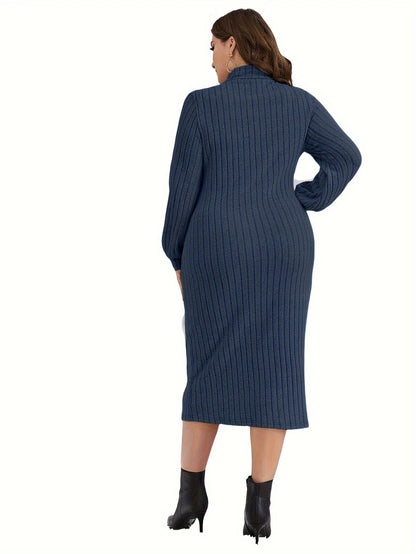 Antmvs Plus Size Casual Dress, Women's Plus Solid Ribbed Lantern Sleeve High Neck Bodycon Midi Dress