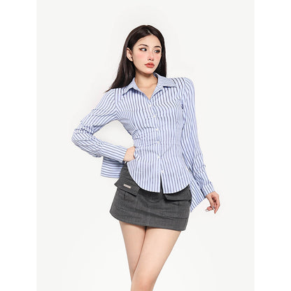 Antmvs Asia Stripe Blue Slim Button Up Long Sleeve Fitted Top