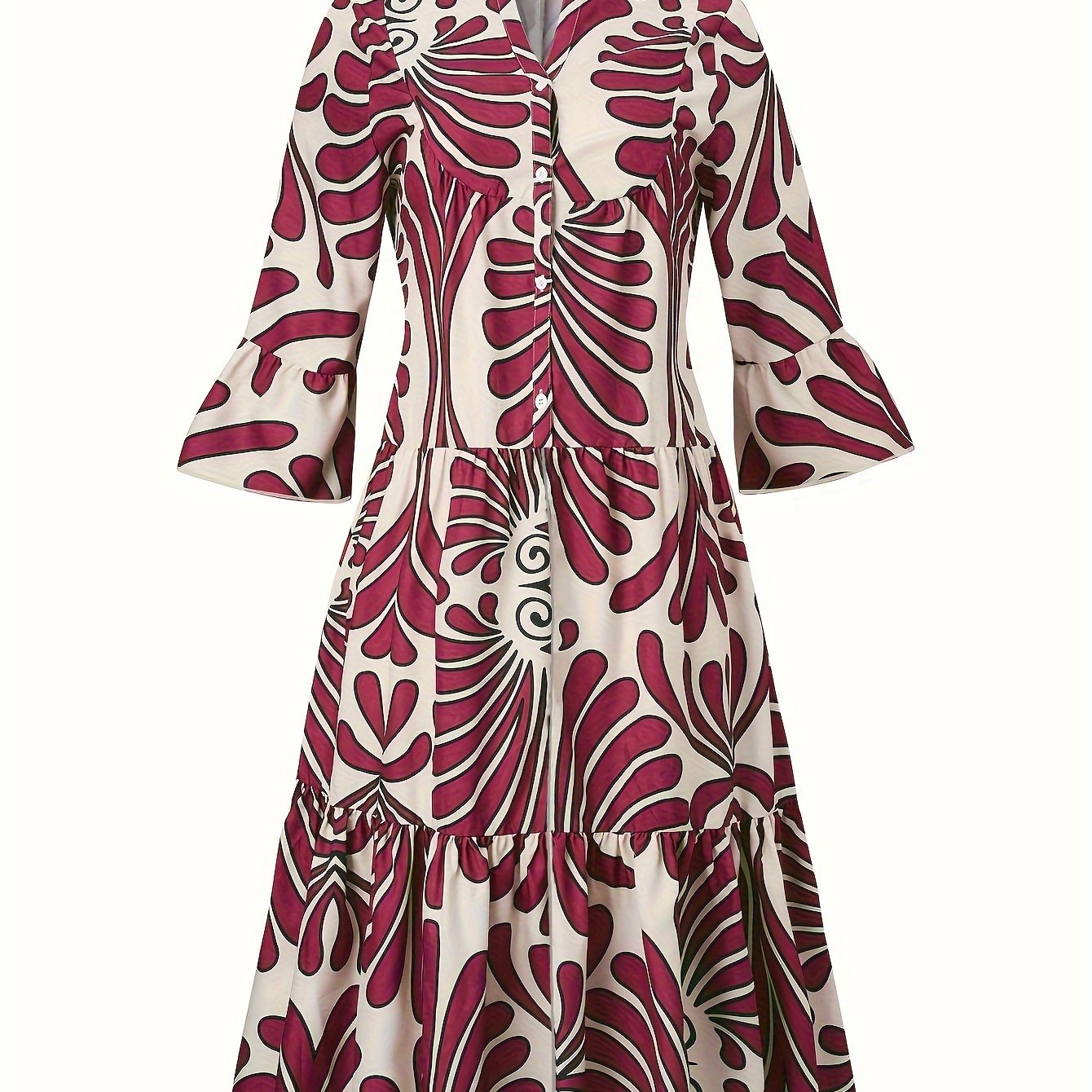 Antmvs Plus Size Elegant Dress, Women's Plus Allover Print Bell Sleeve Button Up Mock Neck Maxi Smock Dress