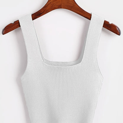 Antmvs Solid Cropped Rib Knitted Vest, Elegant Sleeveless Summer Stretchy Vest, Women's Clothing