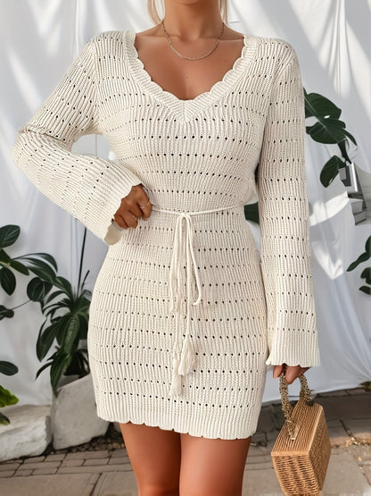 Antmvs Scallop Trim Eyelet Dress, Casual V Neck Long Sleeve Solid Dress, Women's Clothing