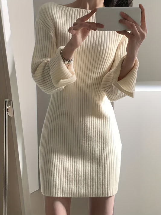 Antmvs Solid Boat Neck Sweater Dress, Elegant Long Sleeve Bodycon Knitted Dress, Women's Clothing