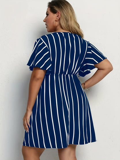 Antmvs Plus Size Casual Dress, Women's Plus Stripe Print Short Sleeve Surplice Neck Mini Dress