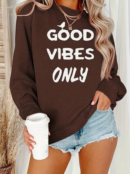 Antmvs Plus Size Casual Sweatshirt, Women's Plus Letter Print Long Sleeve Crew Neck Slight Stretch Pullover Sweatshirt, Casual Tops For Fall & Winter, Plus Size Women's Clothing