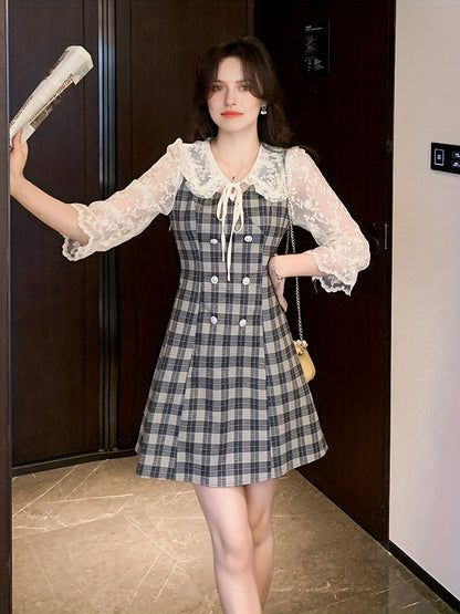 Antmvs Plaid Print Contrast Lace Dress, Elegant Bodycon Tie Front A Line Dress, Women's Clothing