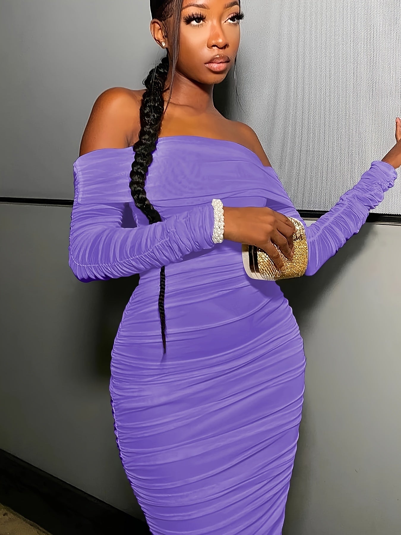 Antmvs Ruched Solid Off Shoulder Dress, Club Wear Long Sleeve Bodycon Dress, Women's Clothing