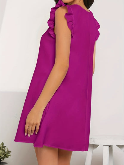 Antmvs Ruffle Trim Simple Dress, Elegant Crew Neck Sleeveless Mini Dress, Women's Clothing