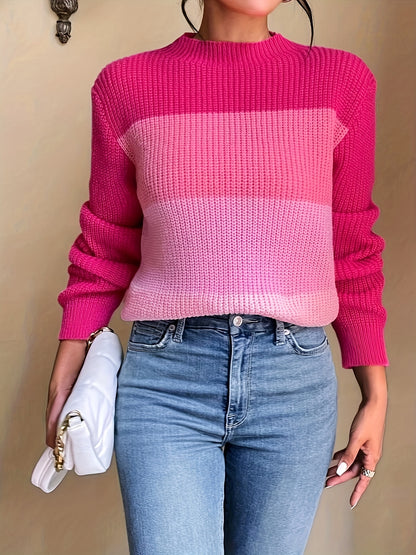 Antmvs Color Block Mock Neck Pullover Sweater, Casual Long Sleeve Loose Sweater, Women's Clothing