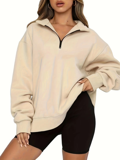 Antmvs Quarter Zip Pullover Sweatshirt, Casual Long Sleeve Lapel Sweatshirt For Fall & Winter, Women's Clothing