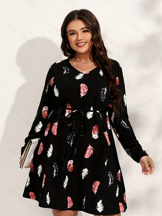 Antmvs Plus Size Elegant Dress, Women's Plus Feather Print Long Sleeve V Neck Slight Stretch Dress With Belt